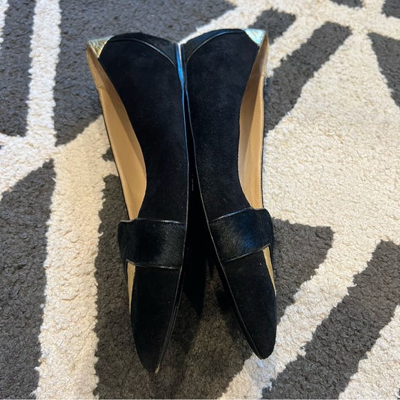 GUC Longchamp Black Gold Point Ballet Flats Leather and Calf Hair Authentic Shoe - Picture 6 of 9